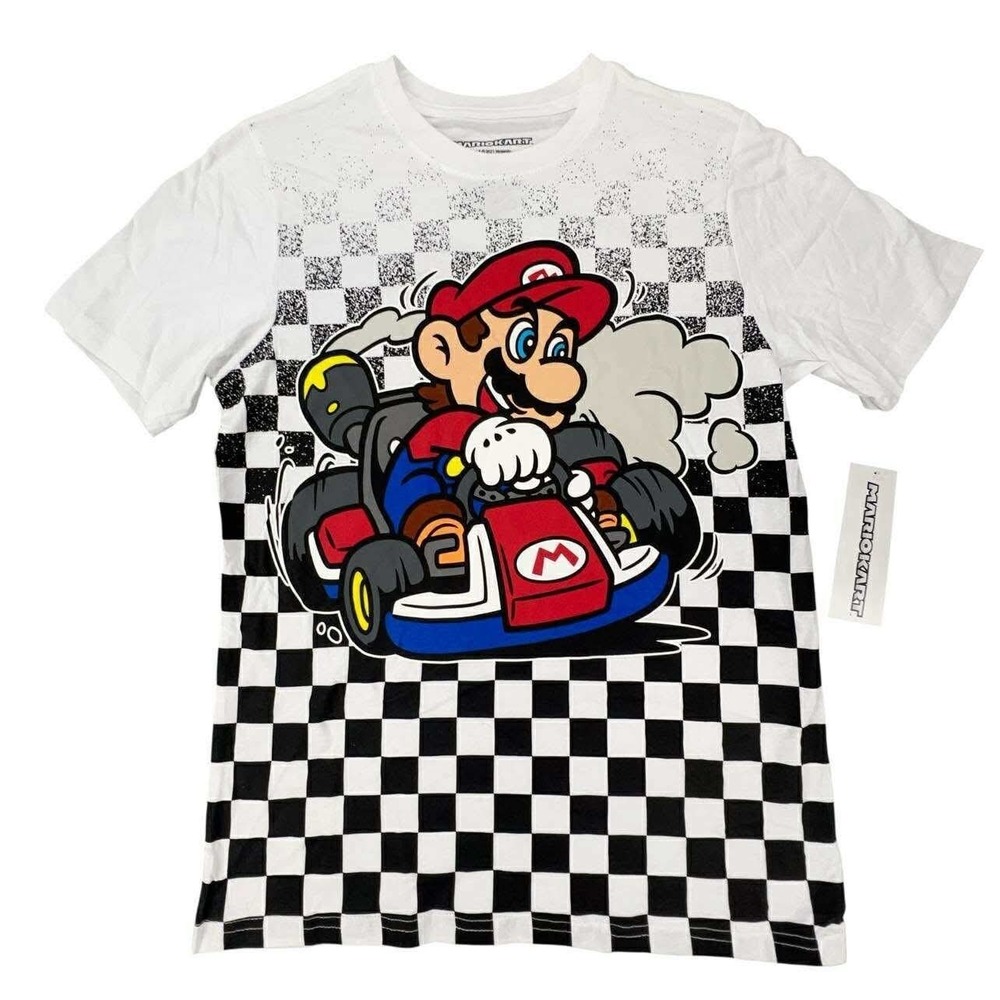 Mario Kart Boys medium 8-10 T-Shirt White Checkered Graphic Tee Nintendo NEW/tag